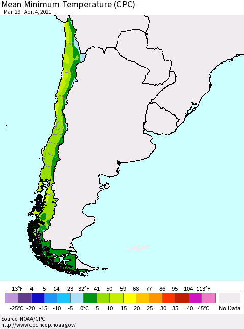 Chile Minimum Temperature (CPC) Thematic Map For 3/29/2021 - 4/4/2021