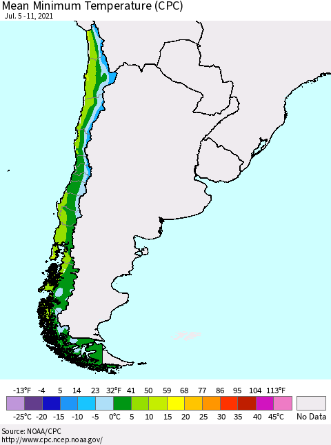 Chile Mean Minimum Temperature (CPC) Thematic Map For 7/5/2021 - 7/11/2021