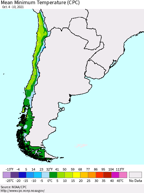 Chile Mean Minimum Temperature (CPC) Thematic Map For 10/4/2021 - 10/10/2021
