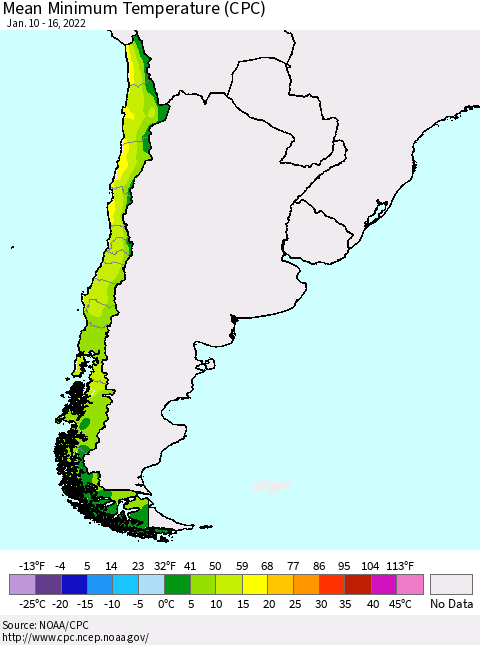 Chile Mean Minimum Temperature (CPC) Thematic Map For 1/10/2022 - 1/16/2022