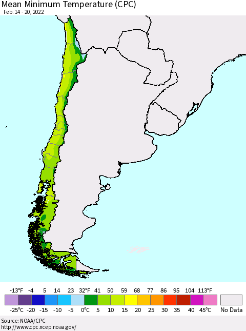Chile Mean Minimum Temperature (CPC) Thematic Map For 2/14/2022 - 2/20/2022