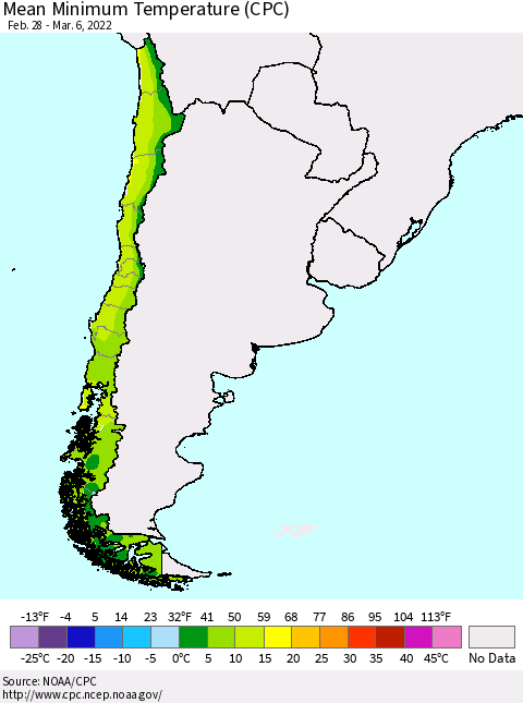 Chile Mean Minimum Temperature (CPC) Thematic Map For 2/28/2022 - 3/6/2022