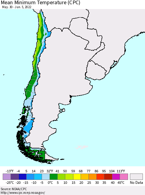 Chile Minimum Temperature (CPC) Thematic Map For 5/30/2022 - 6/5/2022