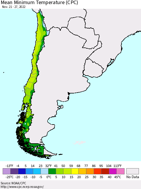 Chile Mean Minimum Temperature (CPC) Thematic Map For 11/21/2022 - 11/27/2022