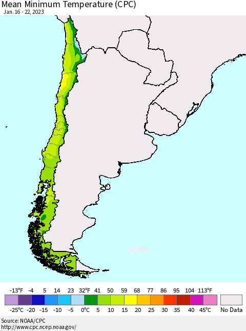 Chile Mean Minimum Temperature (CPC) Thematic Map For 1/16/2023 - 1/22/2023