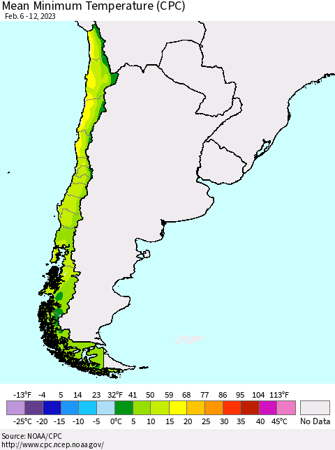 Chile Mean Minimum Temperature (CPC) Thematic Map For 2/6/2023 - 2/12/2023