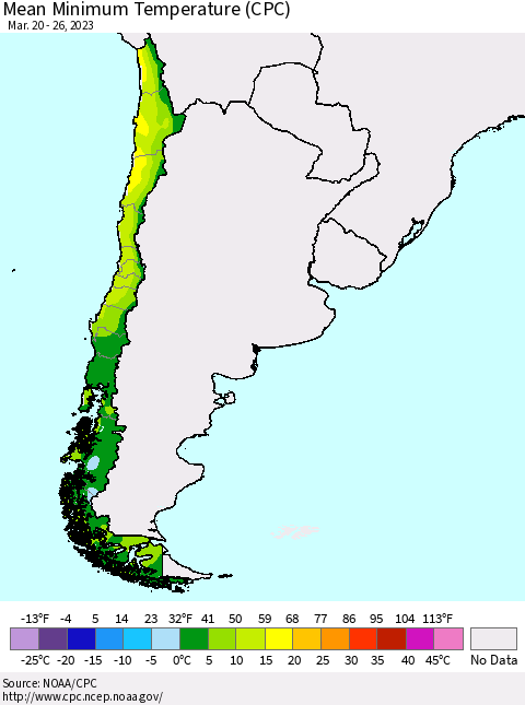 Chile Mean Minimum Temperature (CPC) Thematic Map For 3/20/2023 - 3/26/2023