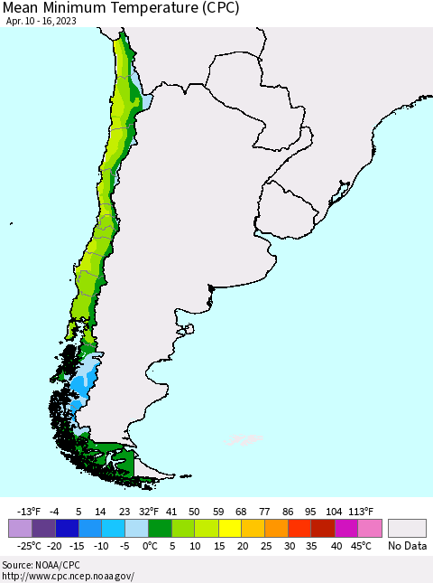 Chile Mean Minimum Temperature (CPC) Thematic Map For 4/10/2023 - 4/16/2023
