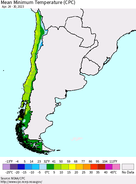 Chile Mean Minimum Temperature (CPC) Thematic Map For 4/24/2023 - 4/30/2023