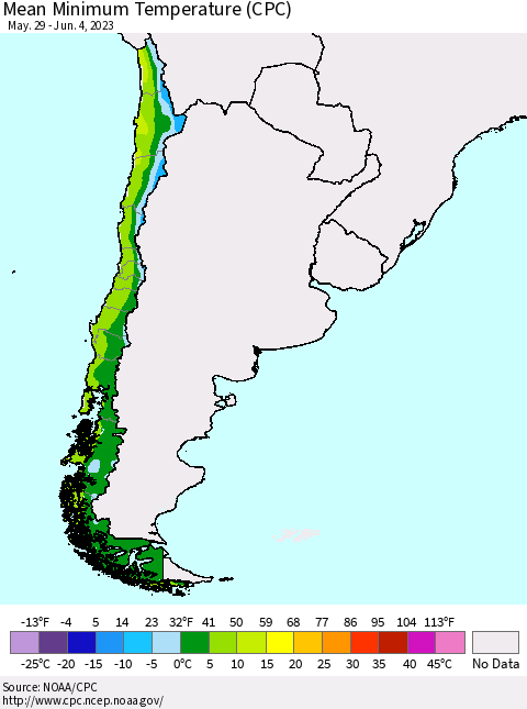 Chile Mean Minimum Temperature (CPC) Thematic Map For 5/29/2023 - 6/4/2023