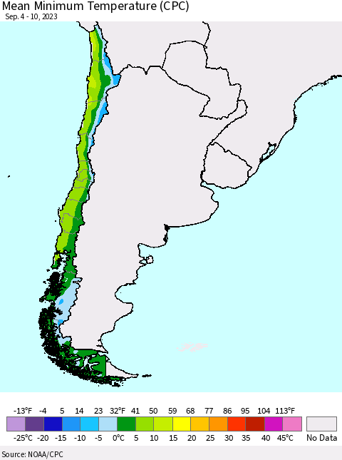 Chile Mean Minimum Temperature (CPC) Thematic Map For 9/4/2023 - 9/10/2023