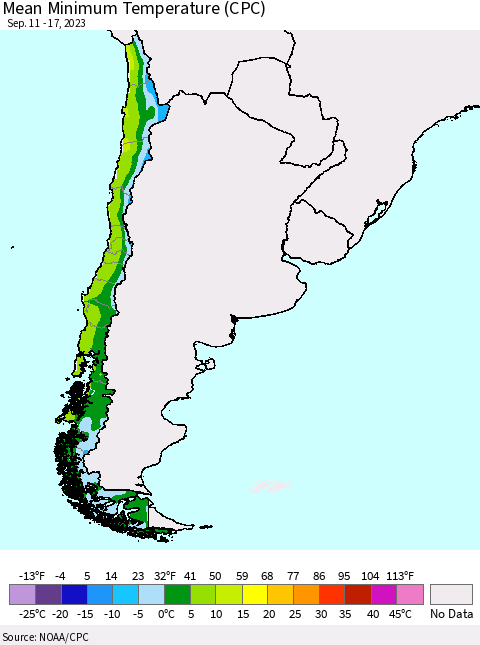Chile Mean Minimum Temperature (CPC) Thematic Map For 9/11/2023 - 9/17/2023