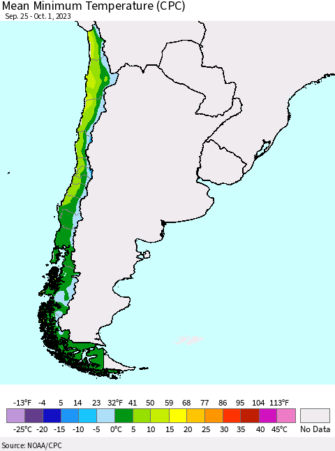 Chile Mean Minimum Temperature (CPC) Thematic Map For 9/25/2023 - 10/1/2023