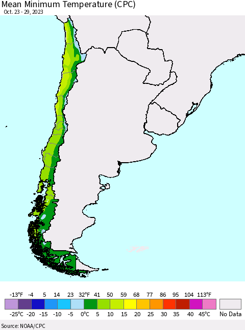 Chile Mean Minimum Temperature (CPC) Thematic Map For 10/23/2023 - 10/29/2023