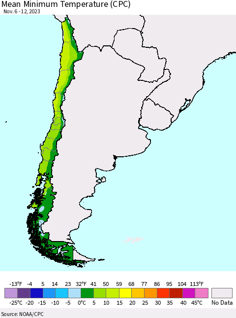 Chile Mean Minimum Temperature (CPC) Thematic Map For 11/6/2023 - 11/12/2023
