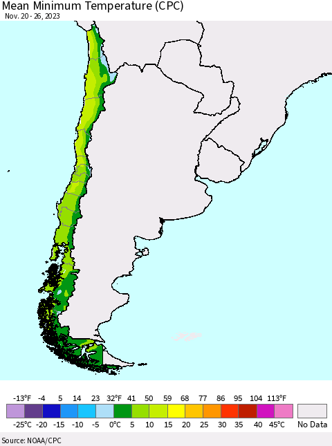 Chile Mean Minimum Temperature (CPC) Thematic Map For 11/20/2023 - 11/26/2023