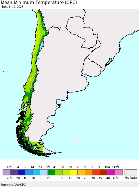 Chile Mean Minimum Temperature (CPC) Thematic Map For 12/4/2023 - 12/10/2023
