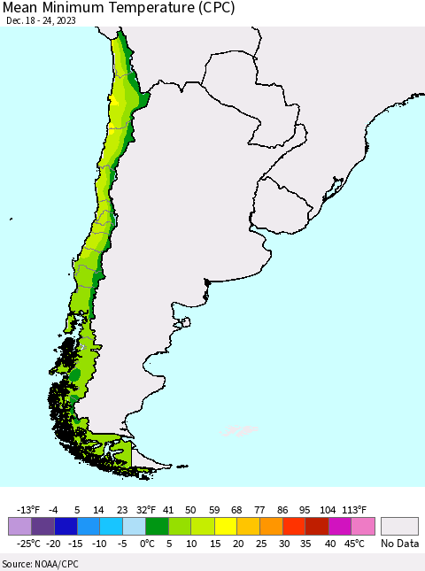Chile Mean Minimum Temperature (CPC) Thematic Map For 12/18/2023 - 12/24/2023
