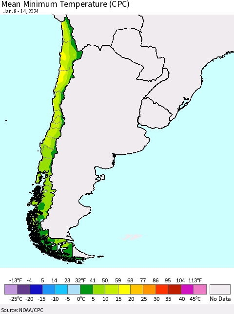 Chile Mean Minimum Temperature (CPC) Thematic Map For 1/8/2024 - 1/14/2024