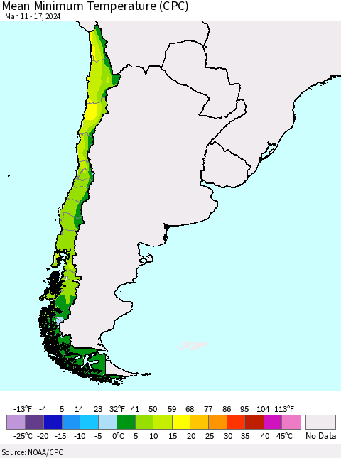 Chile Mean Minimum Temperature (CPC) Thematic Map For 3/11/2024 - 3/17/2024