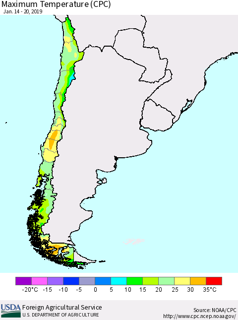 Chile Mean Maximum Temperature (CPC) Thematic Map For 1/14/2019 - 1/20/2019
