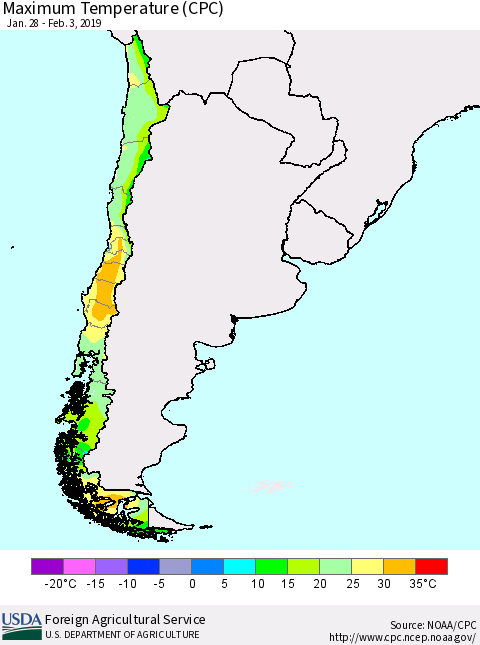 Chile Mean Maximum Temperature (CPC) Thematic Map For 1/28/2019 - 2/3/2019