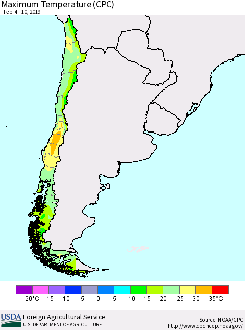 Chile Mean Maximum Temperature (CPC) Thematic Map For 2/4/2019 - 2/10/2019