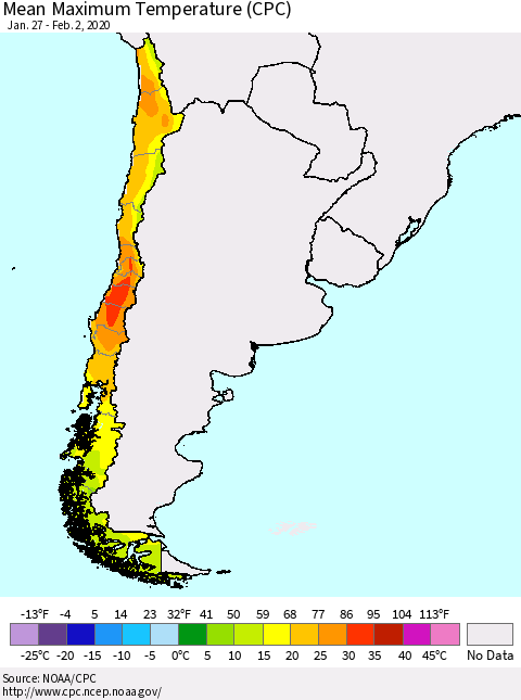 Chile Maximum Temperature (CPC) Thematic Map For 1/27/2020 - 2/2/2020
