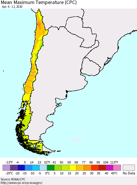 Chile Maximum Temperature (CPC) Thematic Map For 4/6/2020 - 4/12/2020