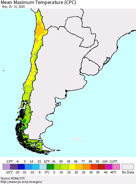 Chile Mean Maximum Temperature (CPC) Thematic Map For 5/25/2020 - 5/31/2020