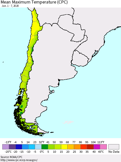 Chile Mean Maximum Temperature (CPC) Thematic Map For 6/1/2020 - 6/7/2020