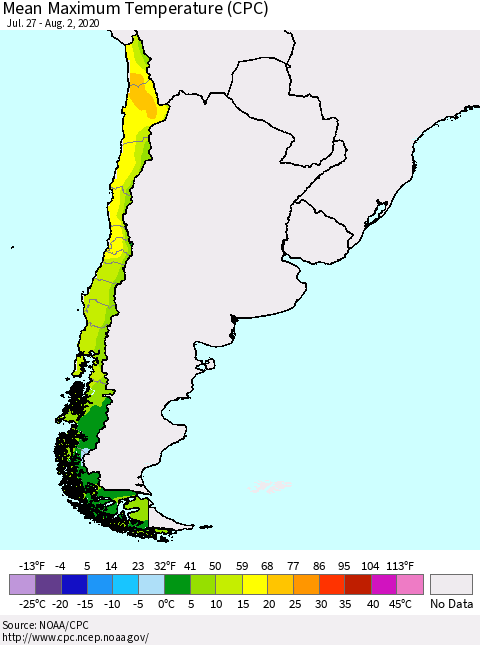 Chile Mean Maximum Temperature (CPC) Thematic Map For 7/27/2020 - 8/2/2020