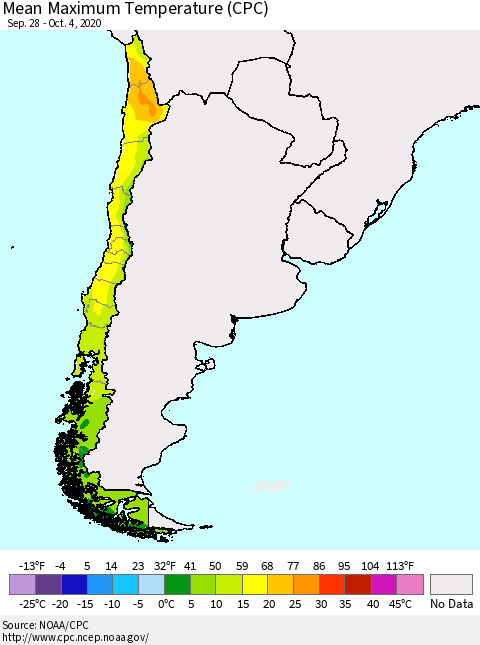 Chile Mean Maximum Temperature (CPC) Thematic Map For 9/28/2020 - 10/4/2020