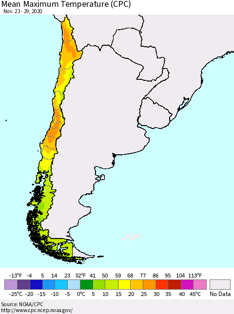 Chile Maximum Temperature (CPC) Thematic Map For 11/23/2020 - 11/29/2020
