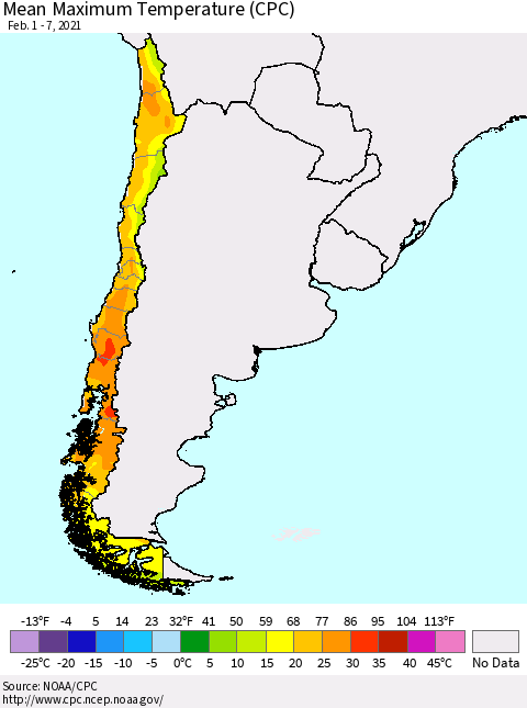 Chile Maximum Temperature (CPC) Thematic Map For 2/1/2021 - 2/7/2021