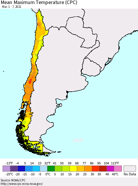 Chile Mean Maximum Temperature (CPC) Thematic Map For 3/1/2021 - 3/7/2021