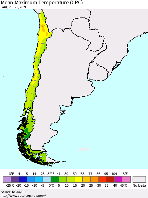 Chile Mean Maximum Temperature (CPC) Thematic Map For 8/23/2021 - 8/29/2021