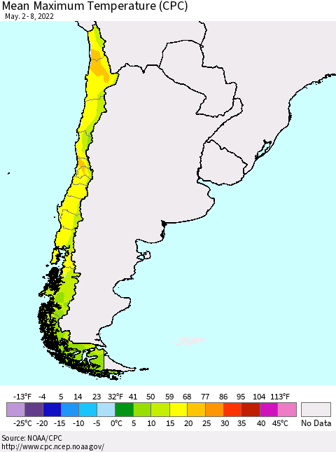 Chile Maximum Temperature (CPC) Thematic Map For 5/2/2022 - 5/8/2022