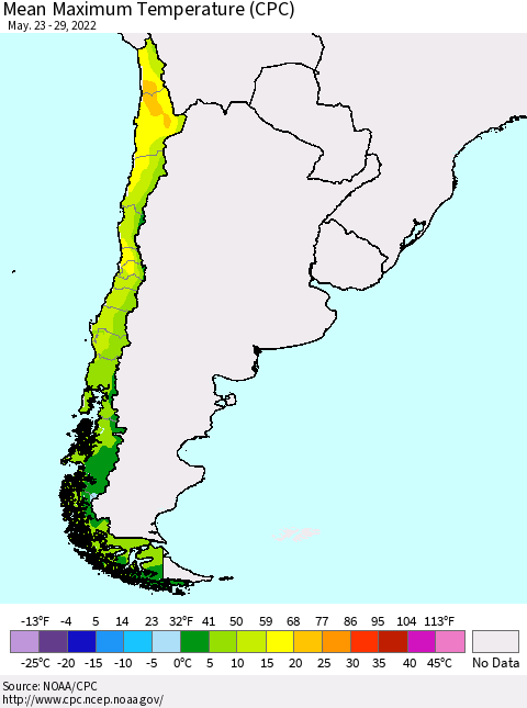 Chile Mean Maximum Temperature (CPC) Thematic Map For 5/23/2022 - 5/29/2022