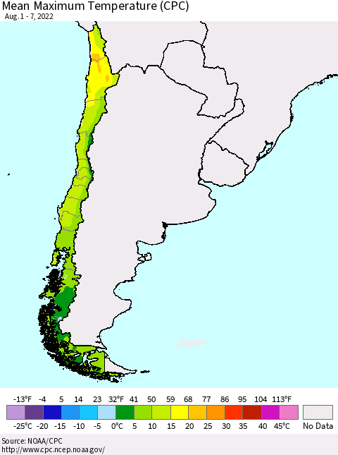 Chile Mean Maximum Temperature (CPC) Thematic Map For 8/1/2022 - 8/7/2022