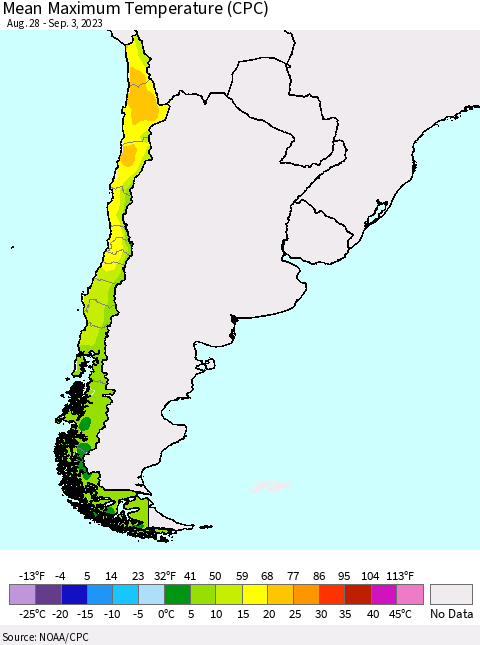 Chile Mean Maximum Temperature (CPC) Thematic Map For 8/28/2023 - 9/3/2023