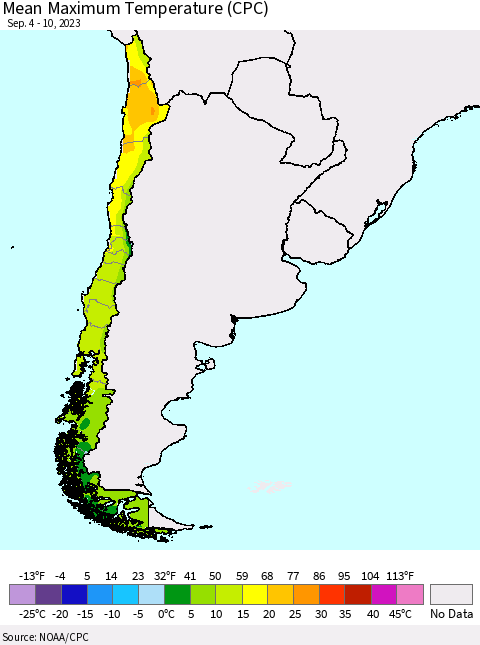Chile Mean Maximum Temperature (CPC) Thematic Map For 9/4/2023 - 9/10/2023