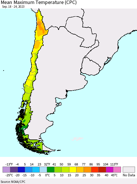 Chile Mean Maximum Temperature (CPC) Thematic Map For 9/18/2023 - 9/24/2023
