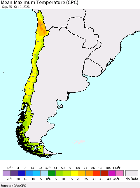 Chile Mean Maximum Temperature (CPC) Thematic Map For 9/25/2023 - 10/1/2023