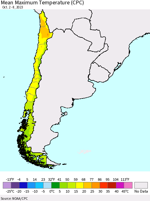 Chile Mean Maximum Temperature (CPC) Thematic Map For 10/2/2023 - 10/8/2023