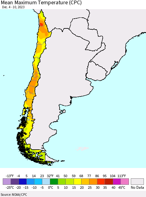 Chile Mean Maximum Temperature (CPC) Thematic Map For 12/4/2023 - 12/10/2023