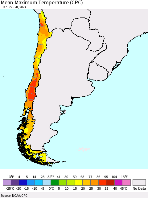 Chile Mean Maximum Temperature (CPC) Thematic Map For 1/22/2024 - 1/28/2024