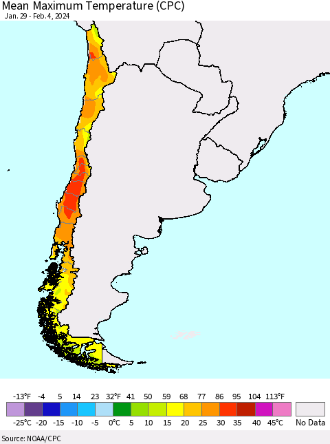 Chile Mean Maximum Temperature (CPC) Thematic Map For 1/29/2024 - 2/4/2024