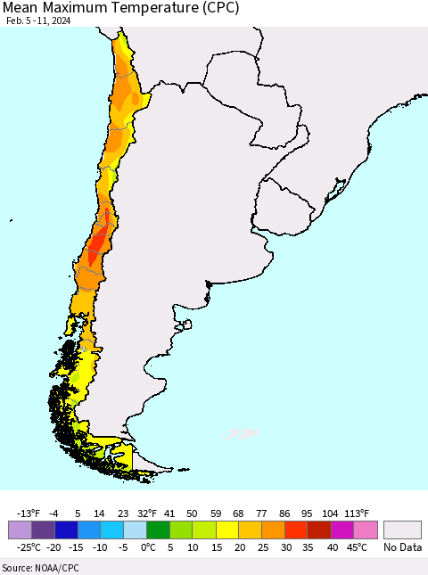 Chile Mean Maximum Temperature (CPC) Thematic Map For 2/5/2024 - 2/11/2024