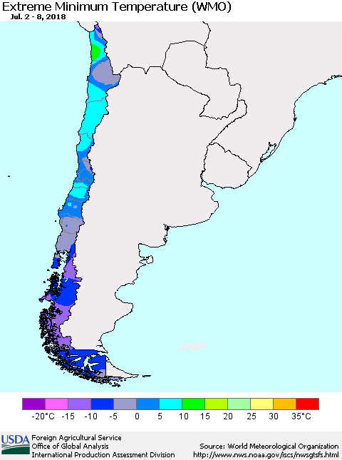 Chile Minimum Daily Temperature (WMO) Thematic Map For 7/2/2018 - 7/8/2018